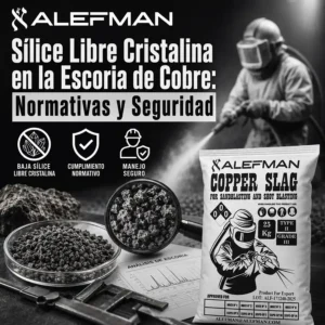 Sílice libre cristalina en escoria de cobre Alefman con operario, muestras del abrasivo y saco para arenado