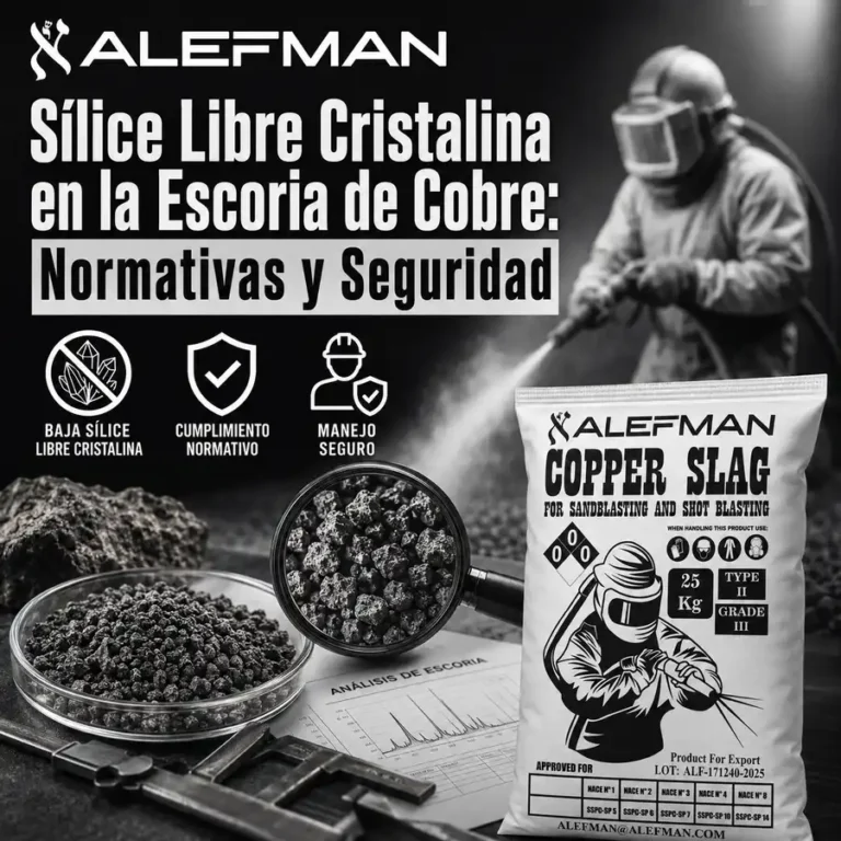 Sílice libre cristalina en escoria de cobre Alefman con operario, muestras del abrasivo y saco para arenado