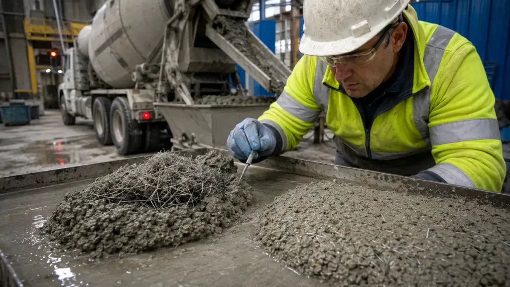 Inspección de aglomeración de fibra metálica para concreto en una muestra fresca dentro de una planta.