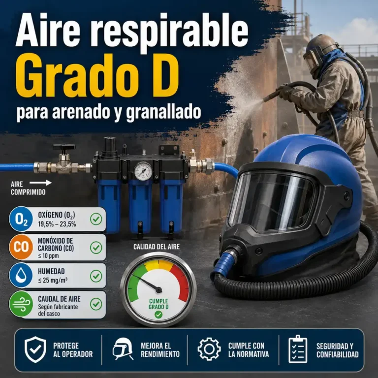 Casco de arenado conectado a filtros de aire respirable Grado D con operario granallando al fondo