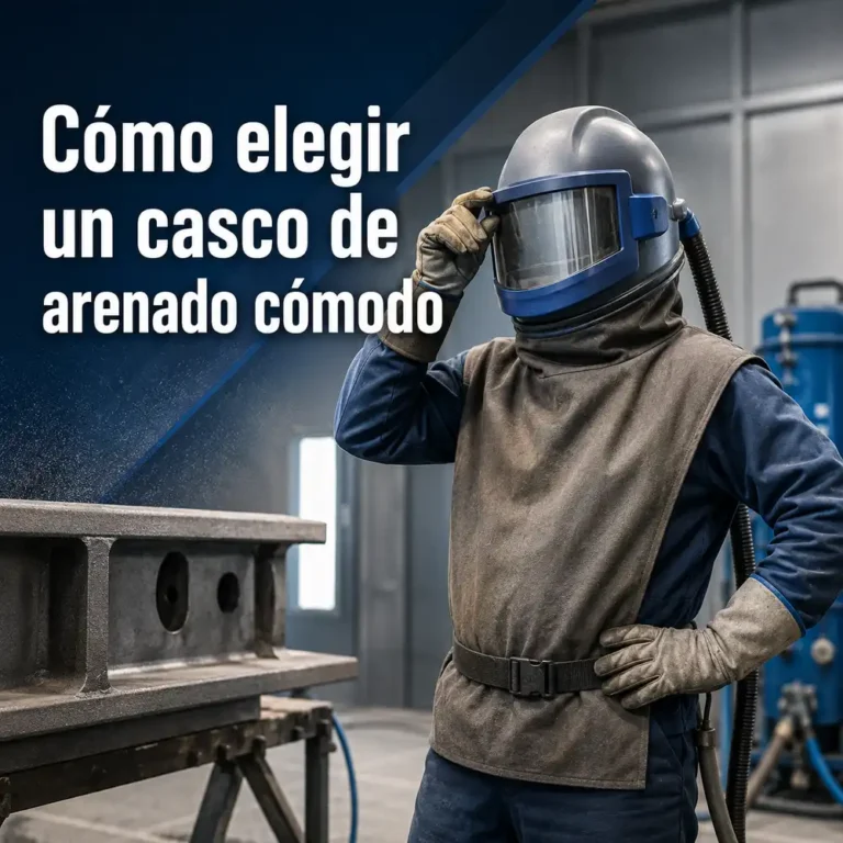 Arenador ajusta casco de arenado cómodo con visor y manguera junto a estructura metálica