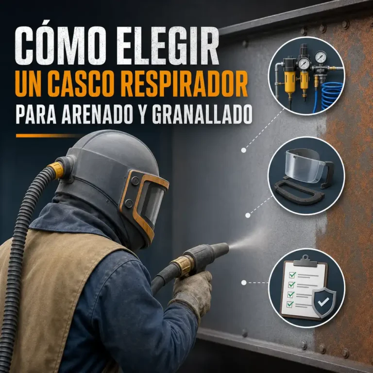 Operario usa casco respirador para arenado y granallado sobre superficie metálica industrial