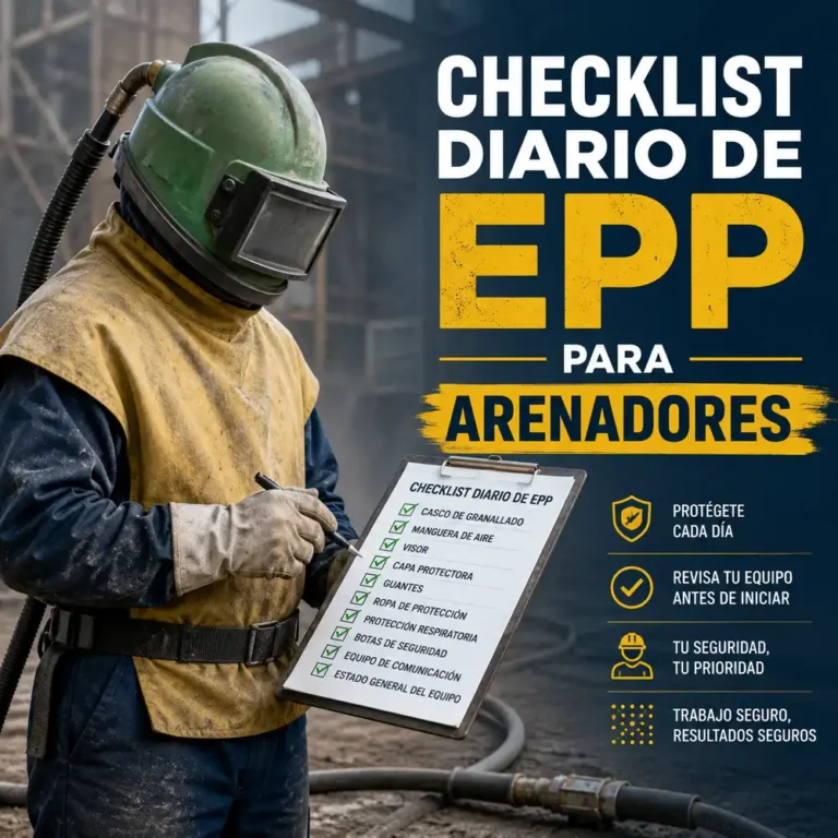 Arenador con casco de granallado revisa checklist diario de EPP antes de iniciar trabajo