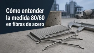 Banner sobre cómo entender la medida 80/60 en fibras de acero con fibras metálicas y calibrador.