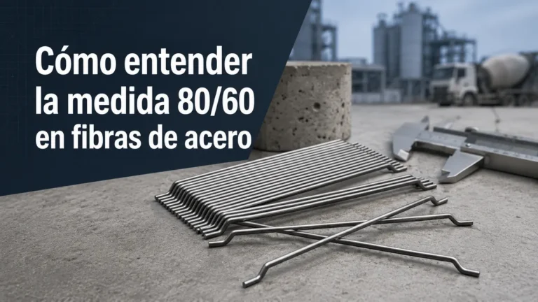 Banner sobre cómo entender la medida 80/60 en fibras de acero con fibras metálicas y calibrador.