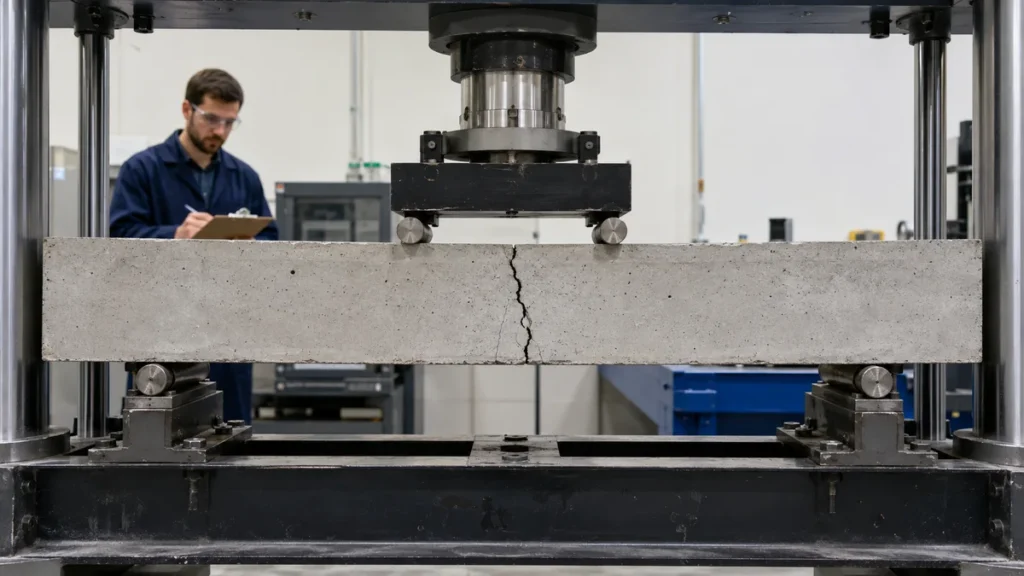 Ensayo flexural de viga reforzada con fibra metálica para concreto durante la apertura de una fisura.