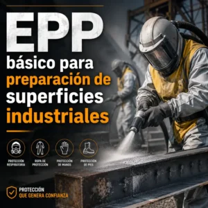 Arenador con casco respirador aplica chorro abrasivo usando EPP básico para preparación de superficies
