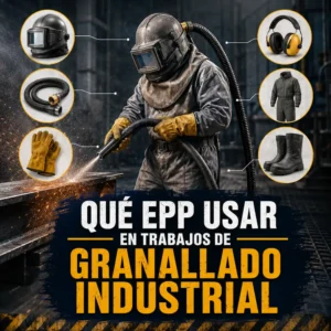 Operario granalla metal con casco, manguera, guantes y EPP para granallado industrial