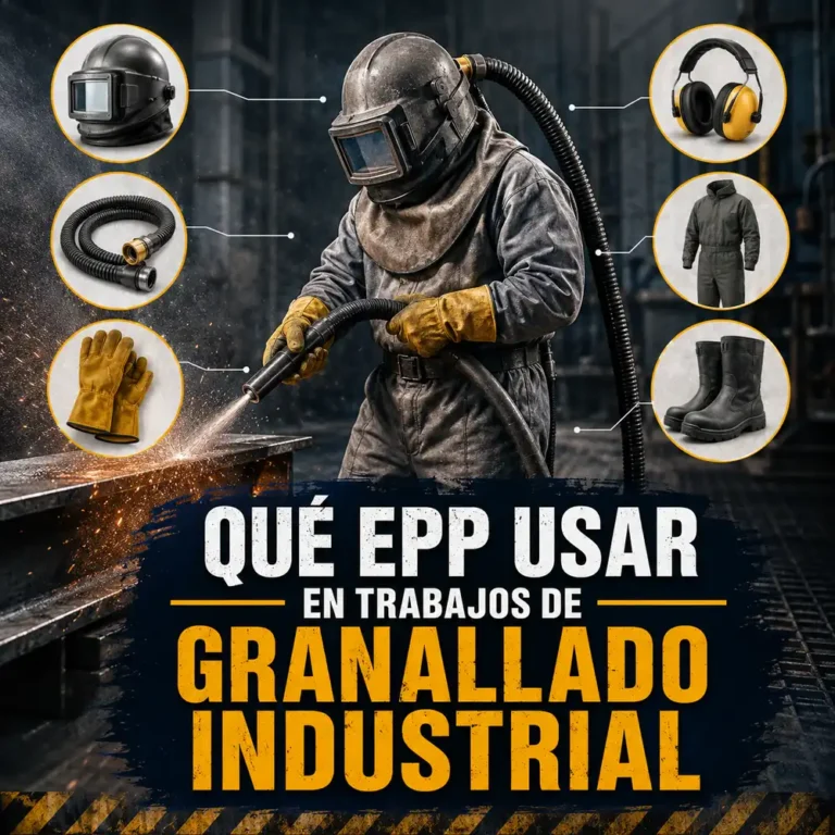 Operario granalla metal con casco, manguera, guantes y EPP para granallado industrial