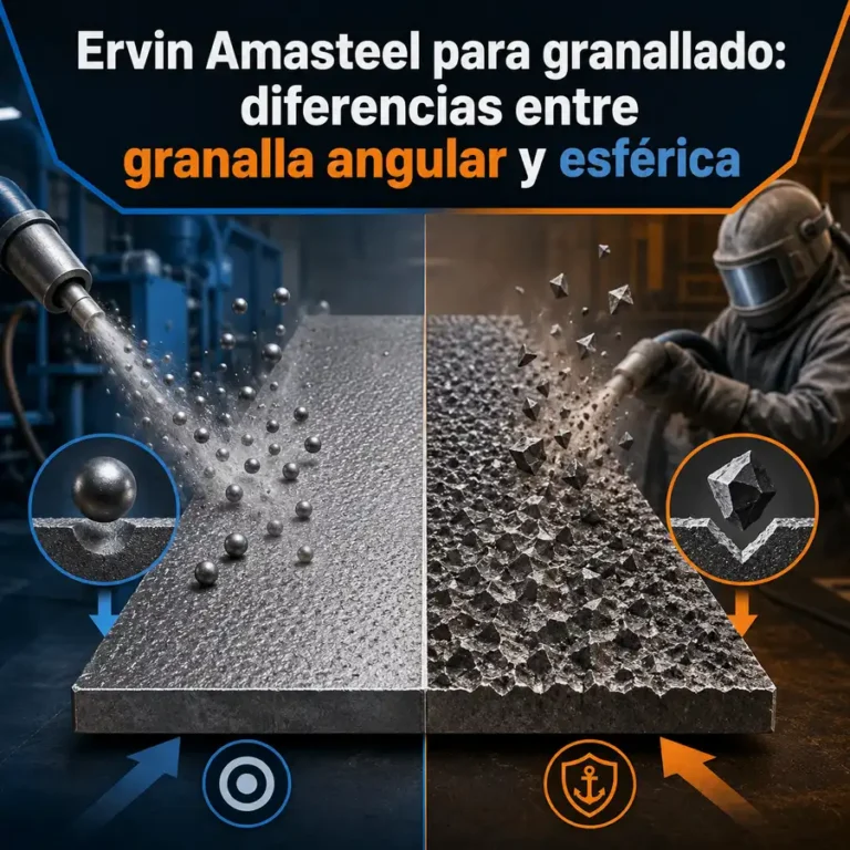 Comparación Ervin Amasteel de granalla angular y esférica sobre placa de acero en granallado industrial
