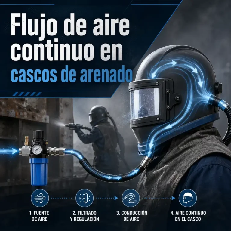 Casco de arenado muestra flujo de aire continuo desde filtro regulador hasta el interior del visor
