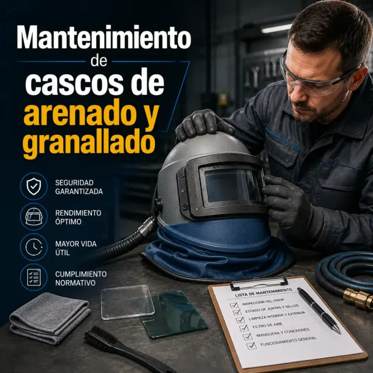 Técnico inspecciona casco de arenado y granallado con visor, filtros y lista de mantenimiento