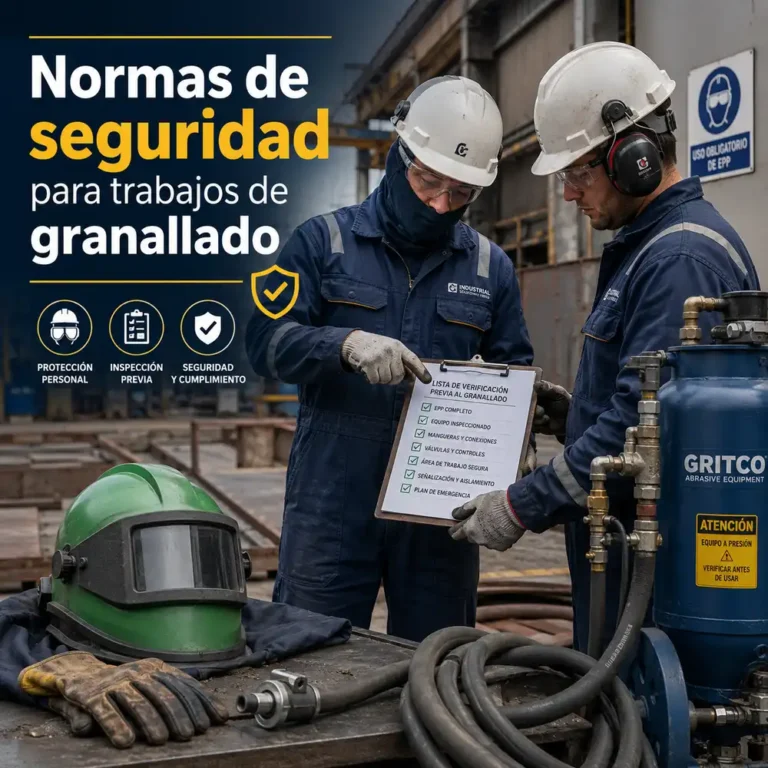 Técnicos revisan normas de seguridad para granallado junto a casco, guantes y equipo a presión