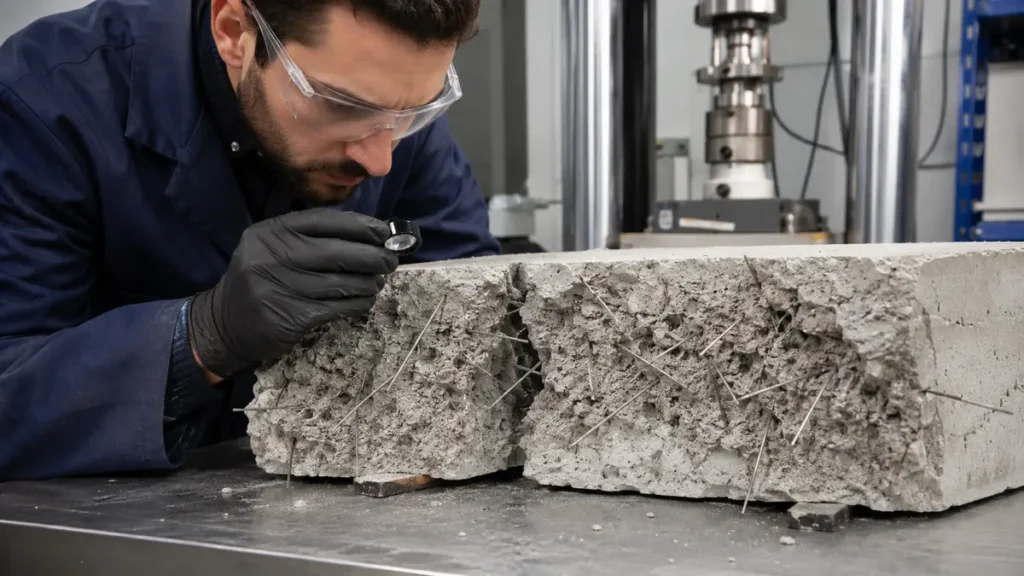 Técnico inspecciona la orientación de fibra metálica para concreto en una probeta fracturada.