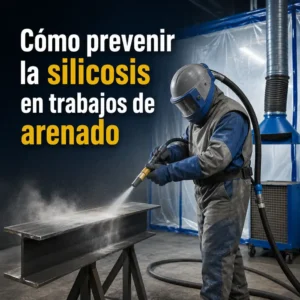 Operario con casco respirador realiza arenado industrial para prevenir la silicosis en cabina ventilada