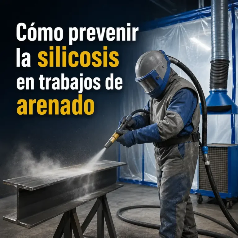 Operario con casco respirador realiza arenado industrial para prevenir la silicosis en cabina ventilada