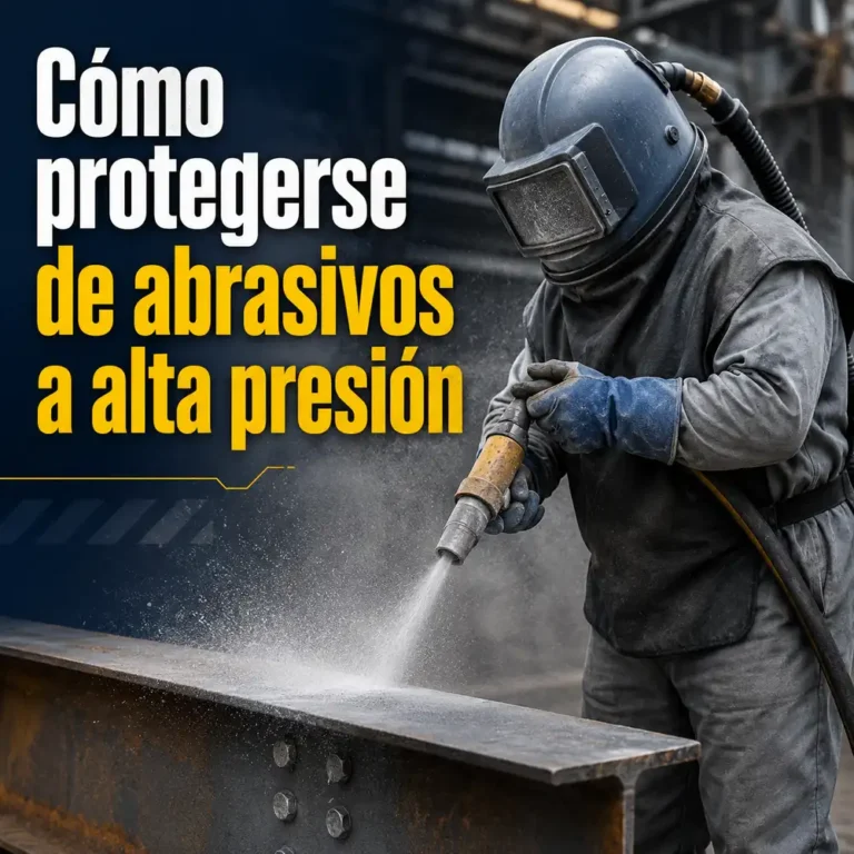 Arenador con casco respirador y guantes se protege de abrasivos a alta presión sobre viga metálica