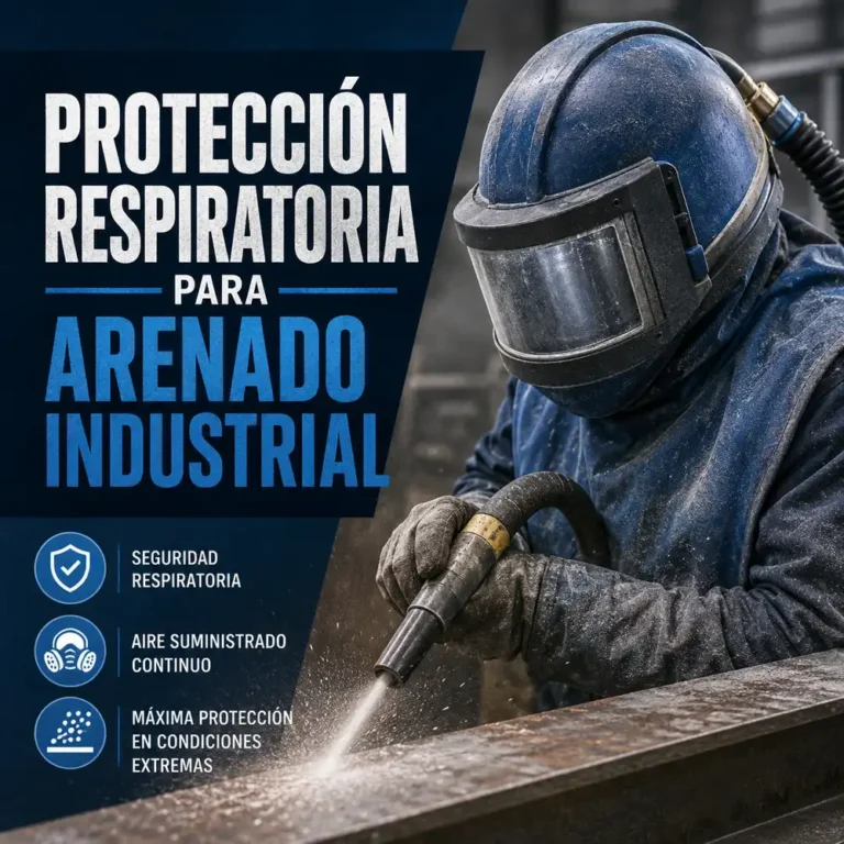 Operario con casco de aire suministrado usa protección respiratoria para arenado industrial en metal