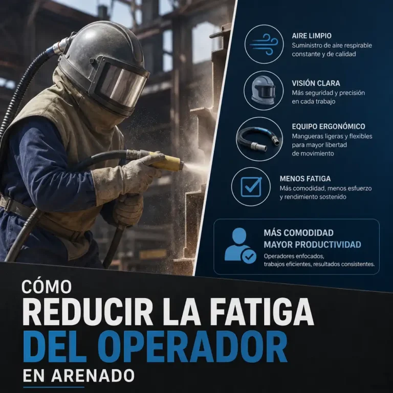 Operario con casco respirador y manguera realiza arenado para reducir fatiga del operador