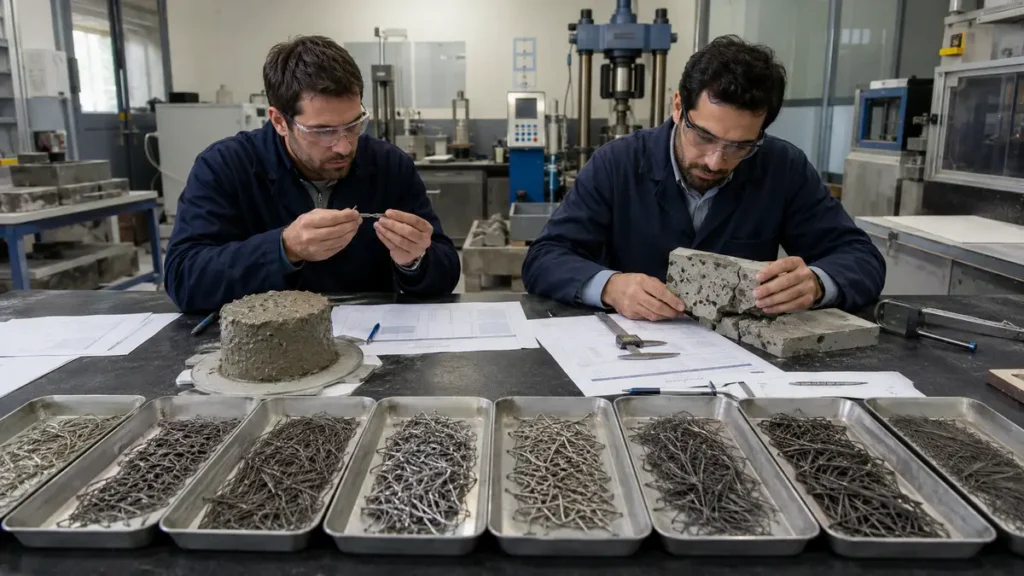 Ingenieros comparan fibra metálica para concreto, probetas y resultados técnicos en laboratorio.