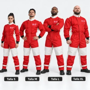 Cuatro personas con mamelucos de arenado Marco rojos y blancos, identificados por tallas S, M, L y XL en vista frontal