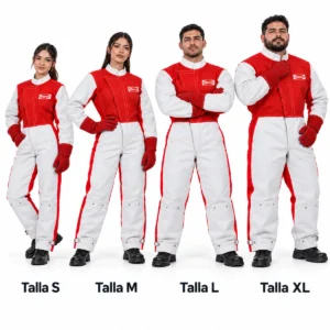 Cuatro personas con mamelucos de arenado Marco rojos y blancos en tallas S, M, L y XL, mostrados de frente