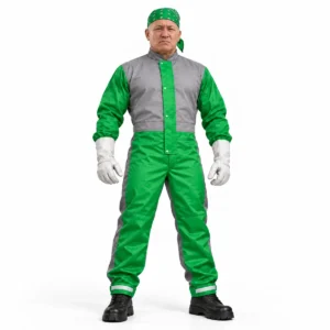 Operador con traje de arenado RPB Blast Suit verde y gris, guantes blancos y botas negras, mostrado de frente.