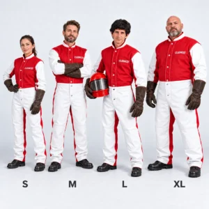 Cuatro trabajadores con trajes protectores CLEMCO en tallas S, M, L y XL, mostrados de cuerpo completo