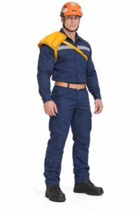 Trabajador de pie con uniforme azul y casco naranja Petzl, visto en tres cuartos, utilizando una hombrera de cuero Alefman amarilla sobre un hombro, con tirantes de sujeción cruzados sobre el pecho.