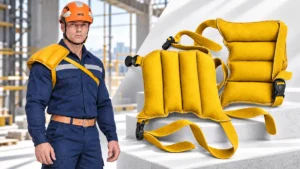 Banner de hombrera de cuero para carga Alefman amarilla, con dos vistas del acolchado y sus tirantes, junto a un trabajador con uniforme azul y casco naranja Petzl que lleva el accesorio sobre un hombro.