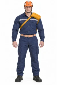 Trabajador de cuerpo completo y vista frontal con uniforme azul y casco naranja Petzl, utilizando una hombrera de cuero Alefman amarilla sobre el hombro izquierdo, con tirante diagonal cruzado sobre el pecho.