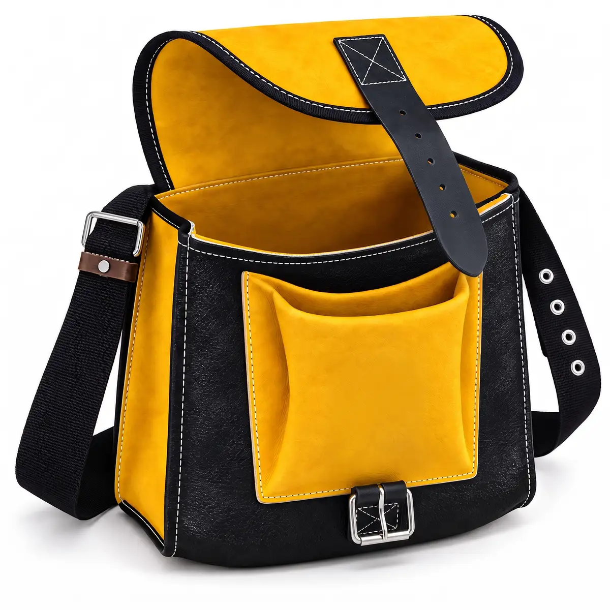 Morral de cuero para trabajo en altura abierto, en colores amarillo y negro, con bolsillo frontal, correa de nylon y herrajes metálicos.
