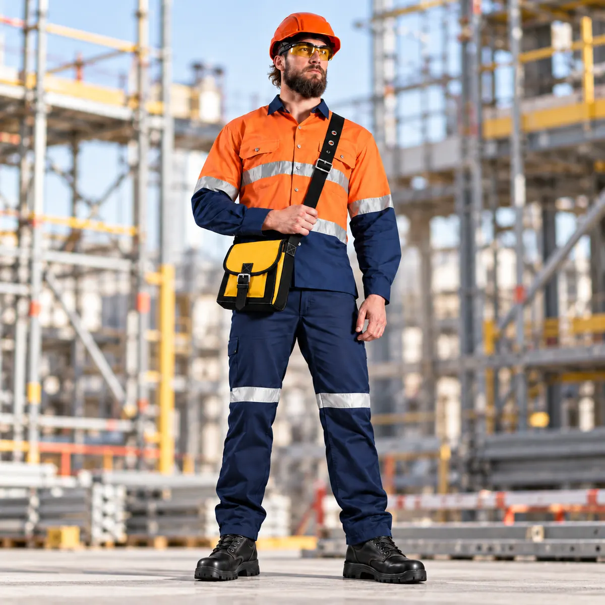 Trabajador con morral de cuero para trabajo en altura cruzado al cuerpo y ubicado a la cintura, frente a una estructura de andamios.