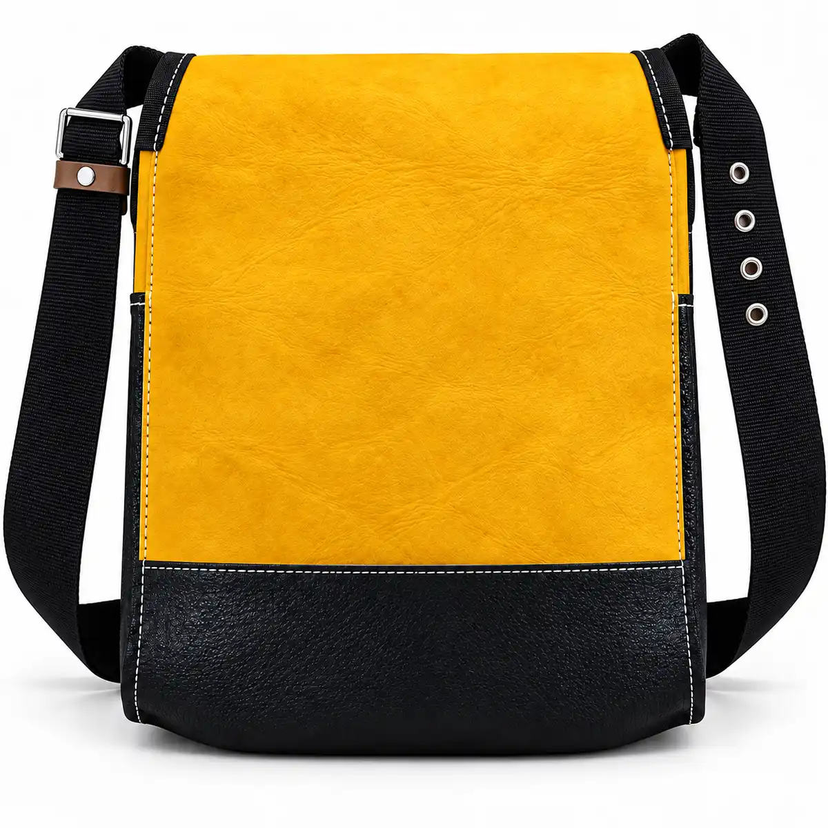Vista posterior de morral de cuero para trabajo en altura en amarillo y negro, con correa de nylon, ojales metálicos y hebilla de ajuste.