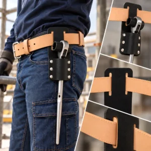 Porta llave carraca de cuero negro instalado en una correa de trabajo, con detalle del paso de la correa por las dos ranuras verticales