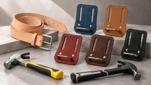 Conjunto de porta martillos de cuero Alefman en varios colores, junto a un cinturón de cuero y dos martillos sobre superficie gris.